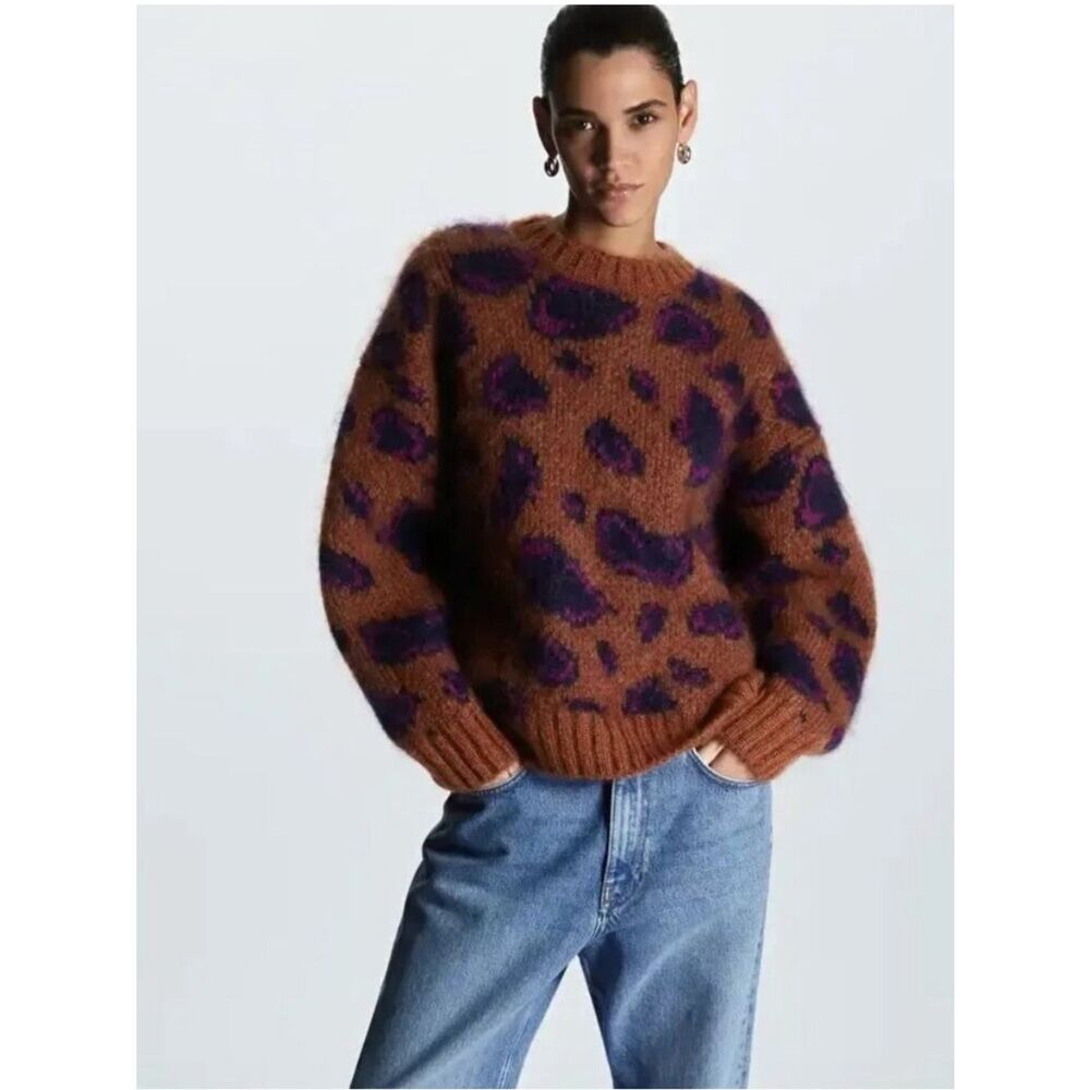 COS Jacquard Mohair Wool Blend Leopard Animal Print Knit Sweater Size M